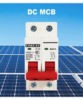 Rock Solid 2P DC Solar Circuit Breaker 1000V Rated featuring overload protection mounted on solar panels.