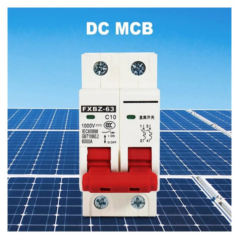 Rock Solid 2P DC Solar Circuit Breaker 1000V Rated featuring overload protection mounted on solar panels.