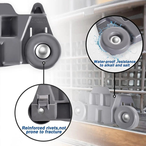 No Sweat Lower Dishwasher Rack Wheels Compatible With KitchenAid W10195416 W10195416V close-up of gray ABS roller with stainless steel center features.