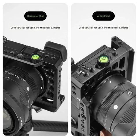 Bubble Spirit Level, Quick Horizon Leveling Tool for Camera Rigs shown mounted on DSLR with horizontal and vertical angles.