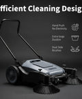 Heavy Duty Manual Floor Sweeper With Forty One Inch Wide Cleaning Path Built To Crush Sticky Messes And Daily Grime Without Breaking A Sweat Features Aggressive Side Brooms For Fast Commercial Cleanup Tasks with dual side brushes.