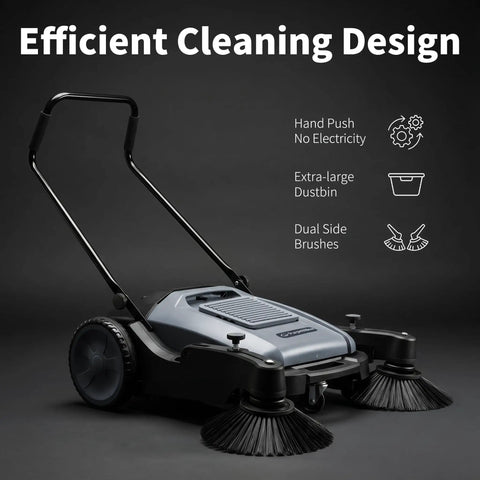 Heavy Duty Manual Floor Sweeper With Forty One Inch Wide Cleaning Path Built To Crush Sticky Messes And Daily Grime Without Breaking A Sweat Features Aggressive Side Brooms For Fast Commercial Cleanup Tasks with dual side brushes.