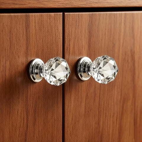 Clear Crystal Glass Door Knobs 5 Piece Set Round Diamond Ball Shaped Cabinet Wardrobe Drawer Handles with aluminum base on wood cabinet