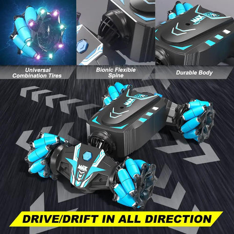 Gesture Hand Controlled RC Stunt Car With Spray Lights And Music 4WD Off Road 2.4GHz remote shown with universal tires and durable body