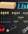 Upgrade Your Tool Kit With This Rock Solid Rivet Nut Gun Adapter For Fast And Easy Drill Installation That Saves Time, Fits Standard 1/4 Inch Drills And Works Like A Charm On Any DIY Project. packing list with M3-M10 rivet nuts, mandrels, wrench, and red adapter