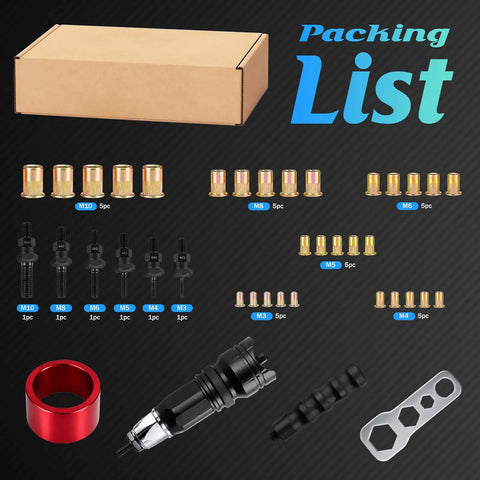Upgrade Your Tool Kit With This Rock Solid Rivet Nut Gun Adapter For Fast And Easy Drill Installation That Saves Time, Fits Standard 1/4 Inch Drills And Works Like A Charm On Any DIY Project. packing list with M3-M10 rivet nuts, mandrels, wrench, and red adapter