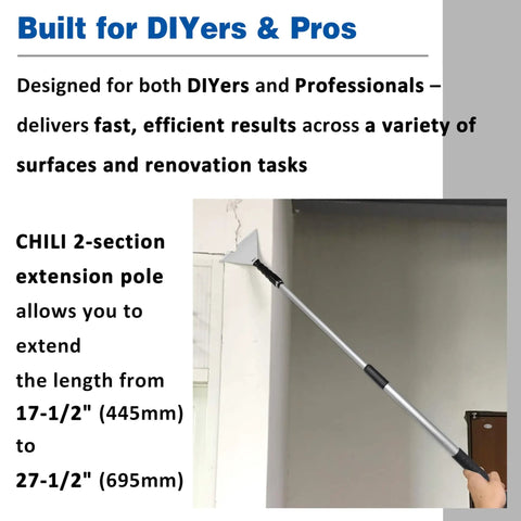 Stainless Steel 7 Inch Pole Scraper With 1.8mm Heavy Duty Blade For Ceiling Paint Removal And Wallpaper Scraping Fits Extension Poles Ideal For DIY And Pro Jobs Durable Tool Made In Taiwan shown with extension pole in use on a wall.
