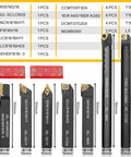 Pro Grade Indexable Lathe Turning Tool Kit With 21 Pieces Including 7 Tool Holders And 14 Carbide Inserts Displayed Horizontally