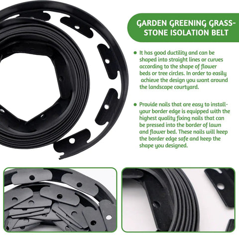 Flexible Lawn And Garden Edging Border 1.5 Inch By 16 Foot Black Reinforced Plastic Grass Border For Flower Beds And Outdoor Pavement Easy Install With Fifteen Durable Securing Pegs Included Game Changer For Your Yard product with pegs shown.