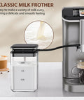 Slick Fully Automatic Espresso Machine With Built In Grinder And One Touch Milk Frother For Lattes And Cappuccinos, sleek milk frother in use.