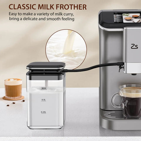 Slick Fully Automatic Espresso Machine With Built In Grinder And One Touch Milk Frother For Lattes And Cappuccinos, sleek milk frother in use.