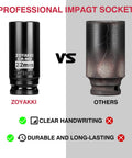 Deep 22 Millimeter 6 Point Impact Socket For One Half Inch Drive In Chromoly Steel vs worn socket, showing durability and clarity.