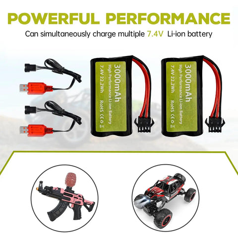 Two Pack Seven Point Four Volt 3000 mAh 15C 2S Li Ion Battery With SM 4P Plug And USB Charger For EC08 DE85 RC Cars