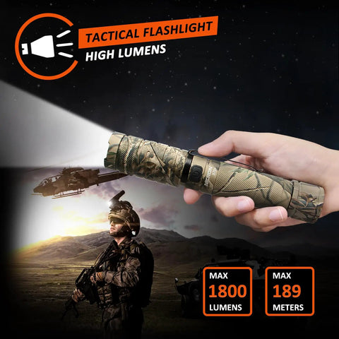 Rechargeable 1800 Lumen Twist Flashlight With 3 Color Modes White Green Red, Adjustable 90 Degree Beam, Camo Body shown outdoors