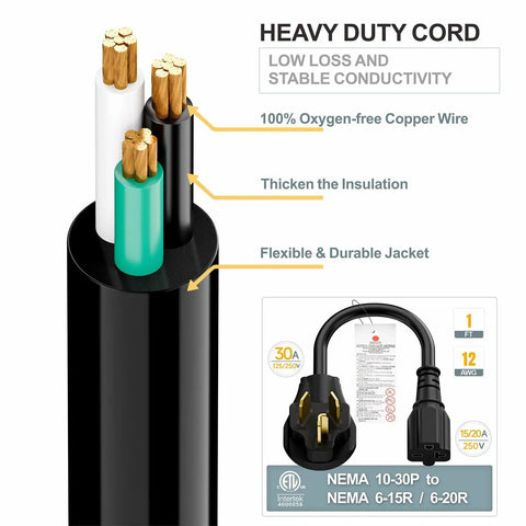 Close-up of 10 30P To 6 20R Dryer Adapter 30 Amp 125 250 Volt Heavy Duty 1 Foot Cord 12 AWG showing copper wires and insulation