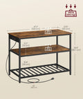Industrial Kitchen Island With Built In Power Strip And Three Outlets, 47.2 inch wide worktop, steel frame, rustic finish