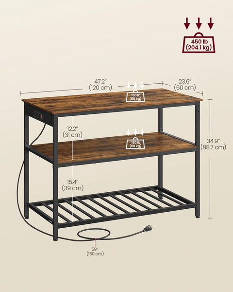 Industrial Kitchen Island With Built In Power Strip And Three Outlets, 47.2 inch wide worktop, steel frame, rustic finish