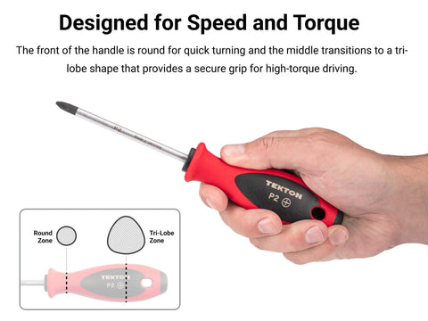 No. 2 Square Drive Screwdriver With 4 Inch Shank, Round Front Quick Turning, Tri Lobe Grip For High Torque, Soft Red Overmold Handle