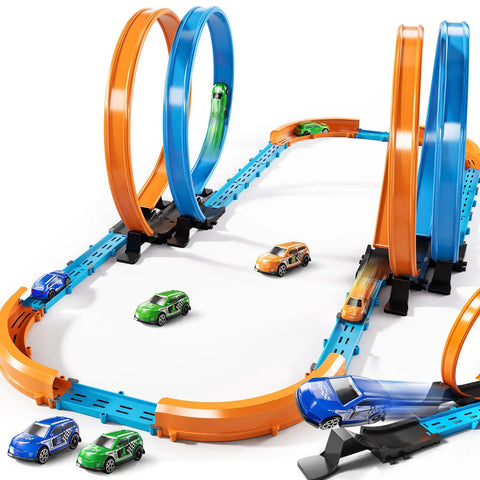 Epic Car Race Track Set for Kids Ages 3 To 12 With 45 Track Pieces And 4 Small Cars Dual Loop Tracks For Competitive Racing Perfect Gift For Boys And Girls displayed on white background