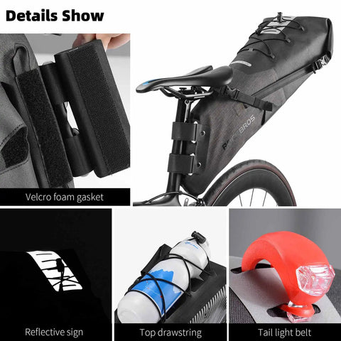 Adjustable 14L Waterproof Bikepacking Saddle Bag For Road And Mountain Bikes With Roll Top Closure Foldable Design shown on bike