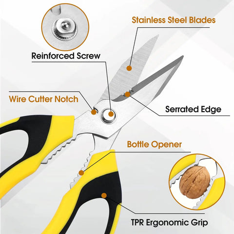 8 Inch Heavy Duty Utility Scissors For Kitchen Office Craft And DIY Workhorse Multipurpose Stainless Steel Shears For Cardboard Fabric Carpet Leather And Thin Wire With Protective Cover, yellow handles