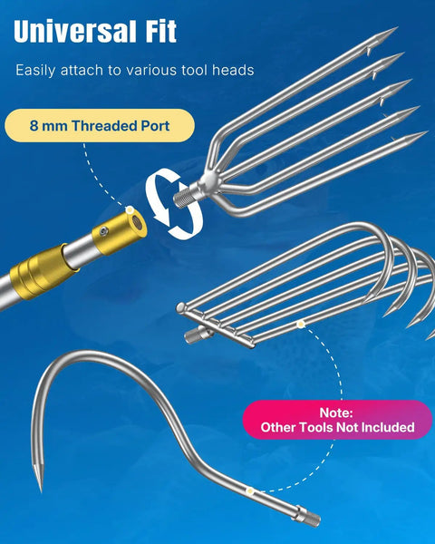 Pro Grade Stainless Steel Fishing Spear With 5 Prong Frog Gig Gaff Telescopic Harpoon Pole focus on prongs and threaded port