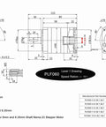 Amazon PLF060 planetary gearbox technical drawing; 60×60mm frame, 10:1 ratio, 14mm output shaft, 8mm/6.35mm inputs
