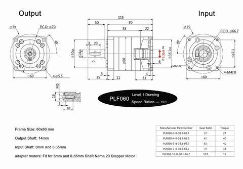 Amazon PLF060 planetary gearbox technical drawing; 60×60mm frame, 10:1 ratio, 14mm output shaft, 8mm/6.35mm inputs