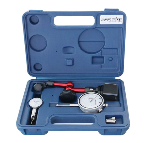 Accusize dial indicator set with magnetic base in blue case, front view