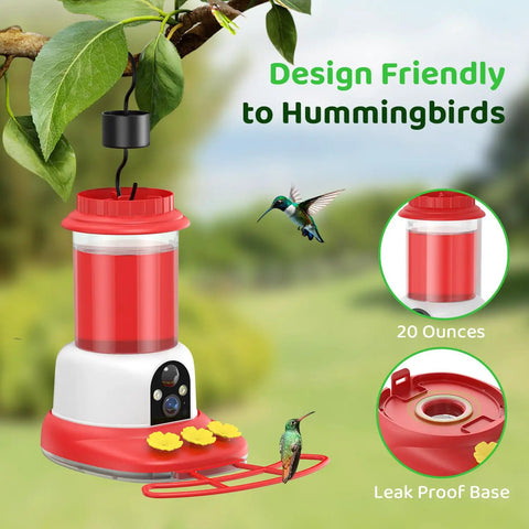 Dope Smart Hummingbird Feeder With Camera For Backyard Birding hanging on a branch showing red 20oz tank and camera feature