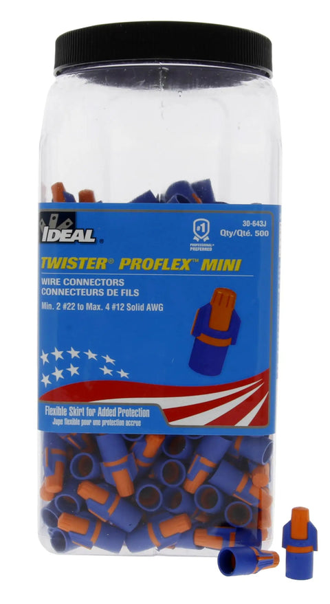 Twister Proflex Mini 30 643J Orange Blue Wire Connector Jar Of 500 Compact Twist On Wire Nuts For 22 To 12 AWG With Comfort SureGrip And Flexible Skirt For Tight Electrical Boxes, jar of 500 blue and orange connectors