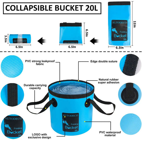 Pro Grade 42 Piece Car Wash Kit With Foam Gun Sprayer featuring a collapsible 20L PVC bucket with strong leakproof fabric and handles.