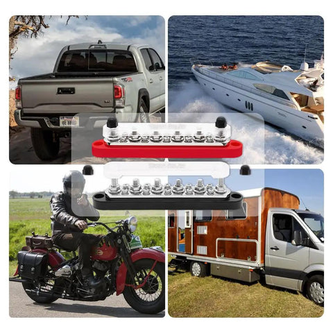 Battle Ready Heavy Duty 12V Bus Bar And Ground Power Distribution Block 250A Marine Terminal Kit mounted on vehicles.