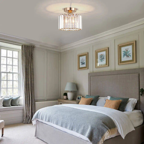 Semi Flush Mount Crystal Chandelier Gold Finish Ceiling Light Fixture For Living Room Bedroom Hallway Bathroom Kitchen Entryway Small Close To Ceiling Dope Chic Decor in a modern bedroom