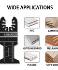 100 Piece Multitool Blade Kit For Wood Nails And Drywall Cutting Universal Oscillating Saw Blades usage examples for various materials.