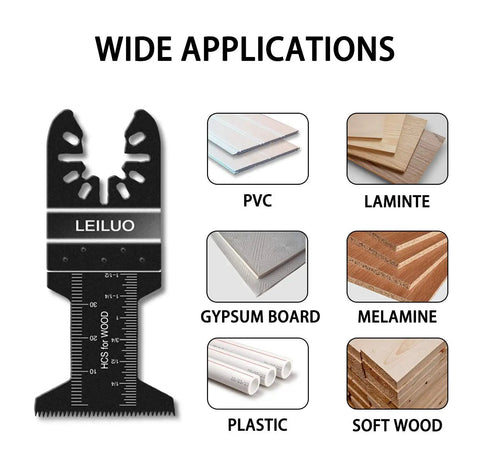 100 Piece Multitool Blade Kit For Wood Nails And Drywall Cutting Universal Oscillating Saw Blades usage examples for various materials.