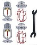 Chrome Fire Sprinkler Head Horizontal Pendant Spray Kit With Half Inch NPT Pipe Thread And Quick Release Wrench components including two heads and escutcheons.
