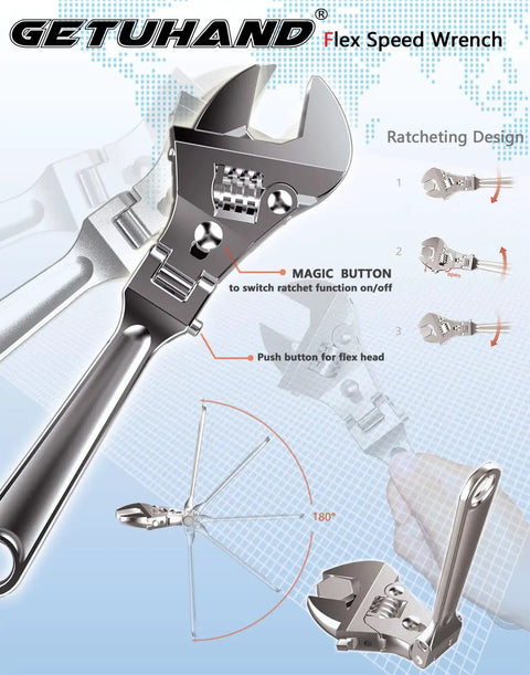 8 Inch Flex Head Adjustable Wrench With Ratcheting Action And 180 Degree Rotating Head For Quick, Easy Tightening Of A Wide Range Of Fasteners
