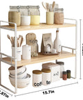 Slick Two Tier Desk Shelf Organizer With White Shelves And Wood Frames For Hassle Free Desktop Organization And Smart Vertical Storage, 14.2in tall.