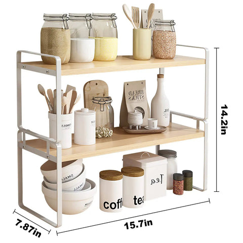 Slick Two Tier Desk Shelf Organizer With White Shelves And Wood Frames For Hassle Free Desktop Organization And Smart Vertical Storage, 14.2in tall.