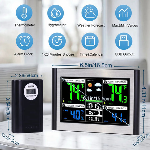 Wireless Indoor Outdoor Weather Station With Color Display Digital Temperature And Humidity Monitor on table