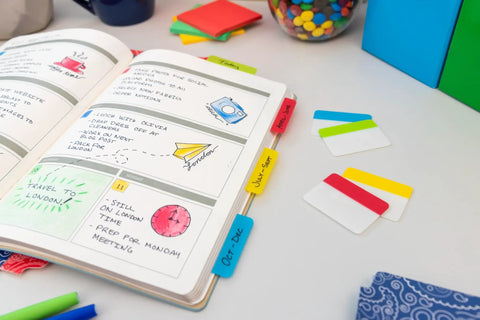Sticky Tabs 2 In By 1.5 In Book Markers in Assorted Bright Colors for Reading, Annotation, Reminders, and Easy Organization, writable on a planner.