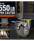 Badass Four Inch Heavy Duty TPR Swivel Casters With Foot Lock Brakes And Reinforced Steel Plates close-up of caster showing 550 lb capacity and wide TPR tread.