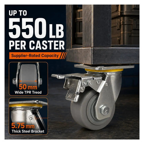 Badass Four Inch Heavy Duty TPR Swivel Casters With Foot Lock Brakes And Reinforced Steel Plates close-up of caster showing 550 lb capacity and wide TPR tread.