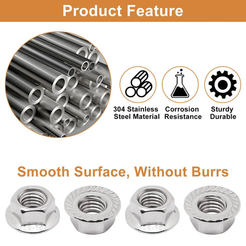 50 Pcs Hex Flange Nuts M10 X 1.25mm Stainless Steel 304 Serrated Flange Lock Nuts Bright Finish Deep Full Thread Heavy Duty for Auto Marine and DIY Projects, smooth surface