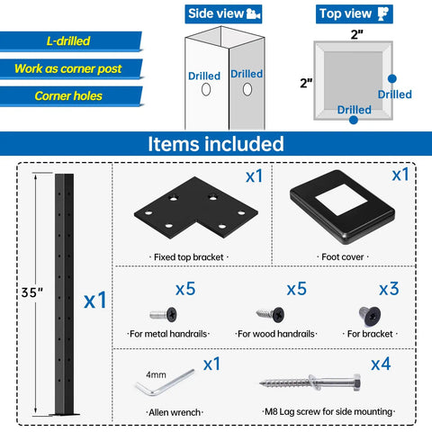 L Drilled Corner Post 36 Inch Tall 2 By 2 Fixed Top Cable Railing Post Mount One Post Corner Solution Pre Drilled With 10 Pairs 90 Degree Holes Black Finish Stainless Steel Built To Last For Wood And Concrete Level Deck PS02 BC4S with included mounting hardware and components