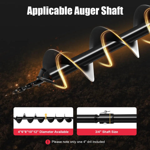 4 Inch Post Hole Digger Auger Bit Replacement With Three Quarter Inch Shaft showing spiral blades and size options.