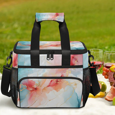 Marble Design Insulated Picnic Backpack Lunch Bag For Women And Men on picnic blanket with fruits, 12x8.7x10in
