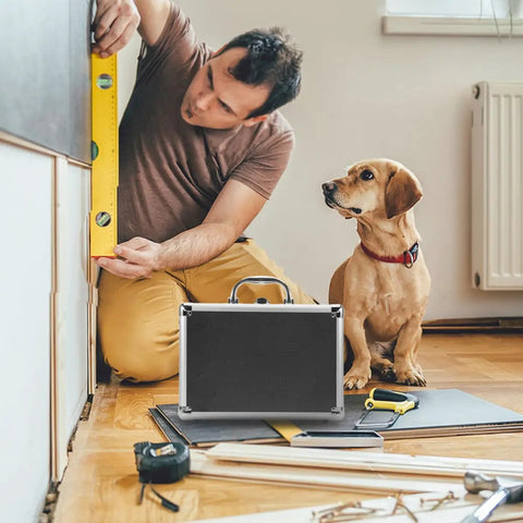 Man working on DIY project with Portable Aluminum Tool Storage Case With Handle For DIY Projects And Home Use by his side