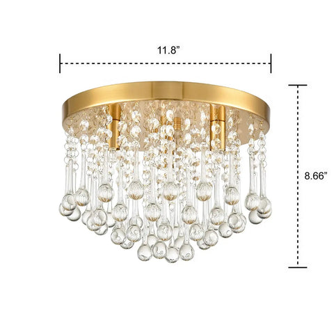 Three Light Crystal Chandelier With Brass Finish Flush Mount Ceiling Light Fixture For Living Room Bedroom Kitchen Dining Area